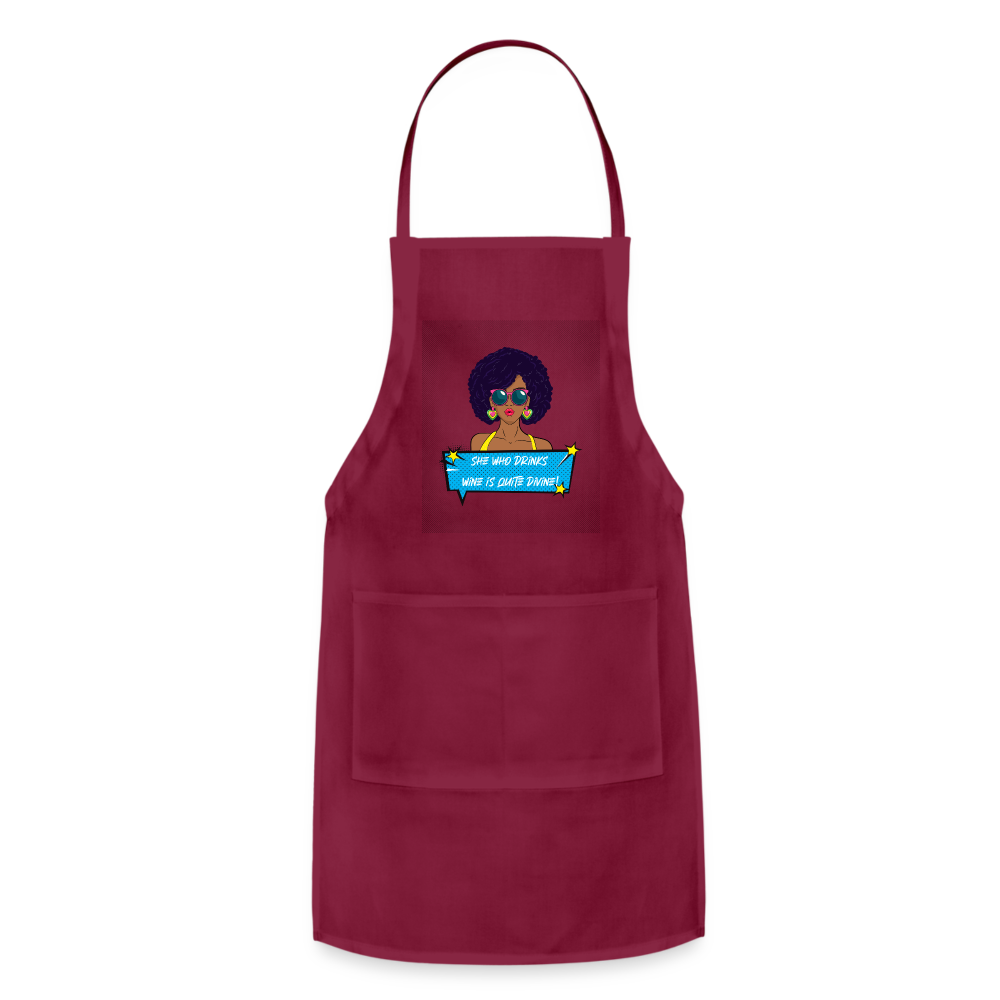 She Who Drinks Wine is Quite Divine Pop Art AA Adjustable Apron - burgundy