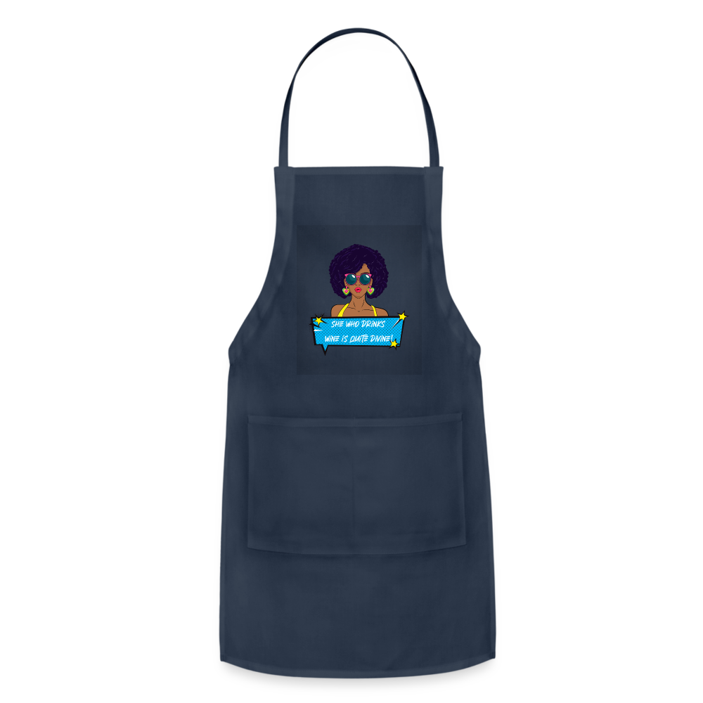 She Who Drinks Wine is Quite Divine Pop Art AA Adjustable Apron - navy